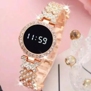 Stainless Steel Digital Watch for Women Peach Golden Textured Strap