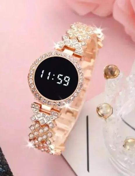 Stainless Steel Digital Watch for Women Peach Golden Textured Strap