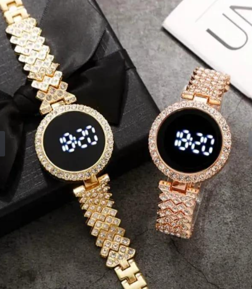 Stainless Steel Digital Watch for Women Peach Golden Textured Strap