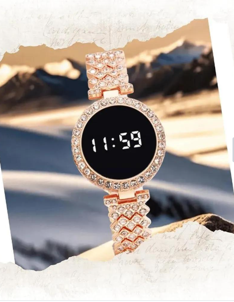 Stainless Steel Digital Watch for Women Peach Golden Textured Strap